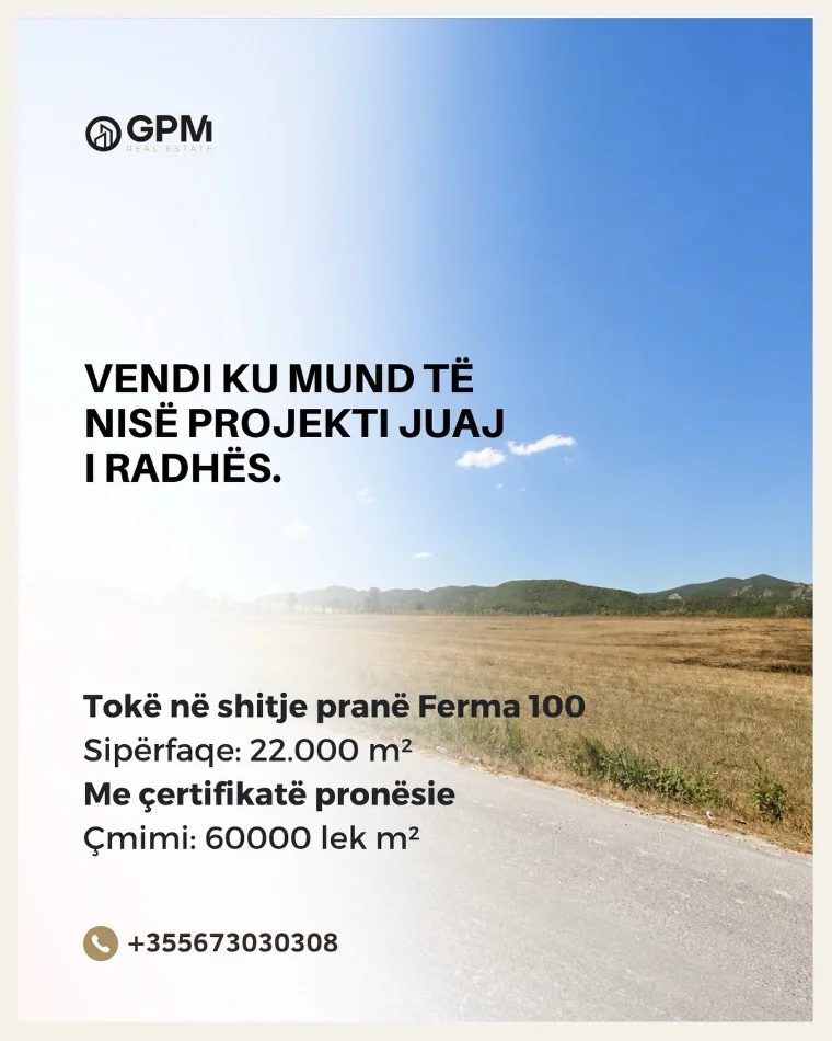 Shitet tokë në Vishaj, Tiranë, pranë Ferma 100, një mundësi me potencial për investitorët që kërkojnë sipërfaqe të konsi