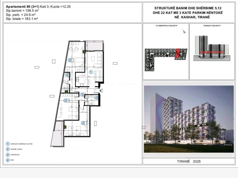 Tirane, shitet apartament 3+1 Kati 3, 183 m² (Astir)