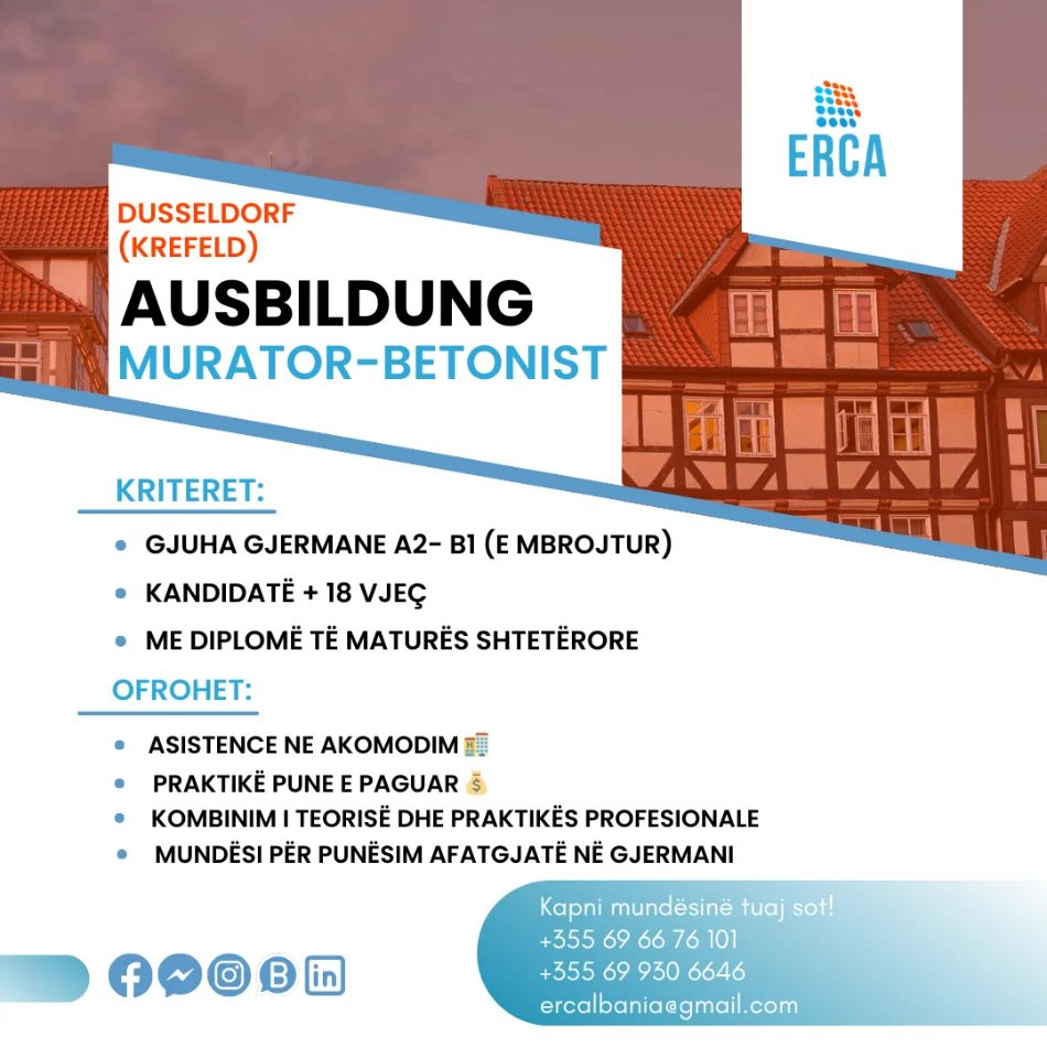 Gjermani, ofrojmë ---Profesione--- Ausbildung për Murator & Betonist në Dusseldorf (Krefeld)