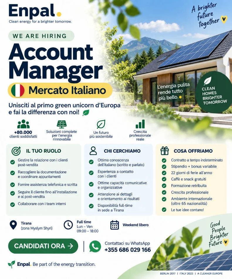 🌱 Enpal: Account Manager | Supporto Clienti Post Vendita | Settore Fotovoltaico 🌞 | Italiano Fluente Richiesto