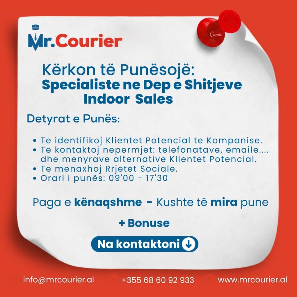 Tirane, Ofrohet Vend Pune: Specialiste ne Departamentin e Shitjeve & Marketingut .