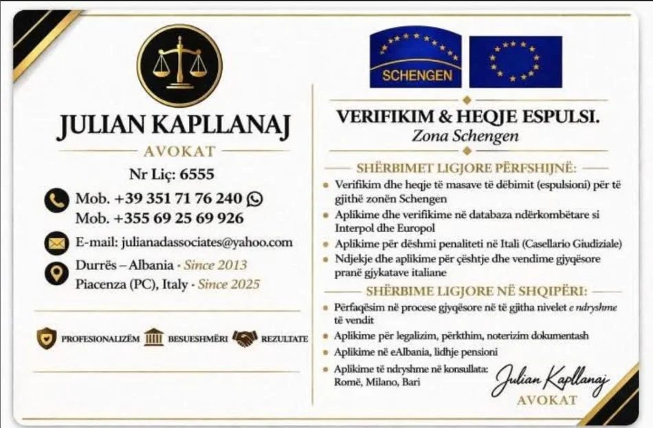 Verifikim&Fshirje Espulsi Schengen,aplikime Interpol&Europol.Deshmi Penaliteti Italiane.Terheqje vendimesh te Gjykatave 