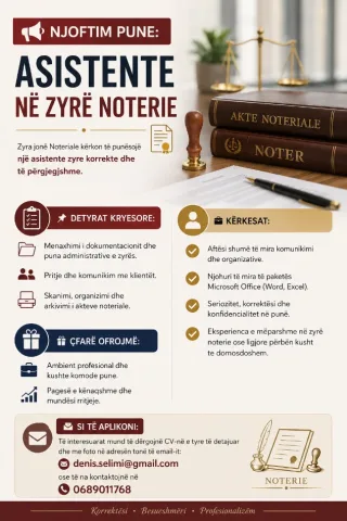 Tirane, ofroj vend pune ASISTENTE NE ZYRE NOTERIE