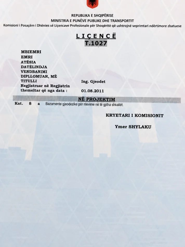 OFROJ LICENSE TOPOGRAFIKE PER KUALIDIM DHE SI DREJTUES TEKNIK OBJEKTESH