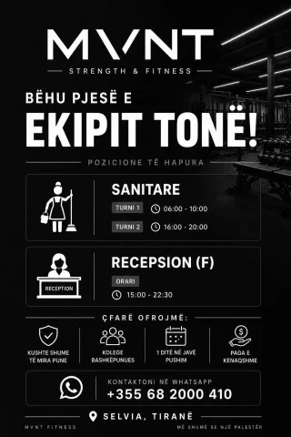 MVNT Fitness kërkon Sanitare & Recepsioniste (F)