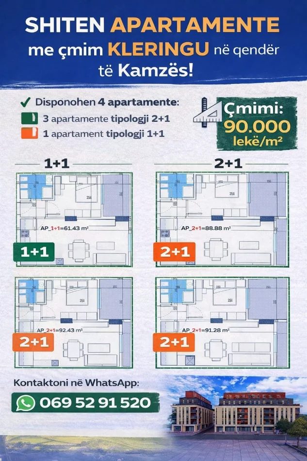 Tirane, shiten 4 apartamente: 3 apartamente 2+1+Ballkon dhe 1 apartament 1+1 Kati 3, 102 m² (QENDER KAMEZ)