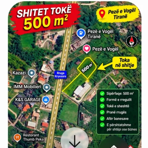 OKAZION, SHITET TOKE 500 M2 NE PEZE VOGEL AFER ME RRUGEN KRYESORE)